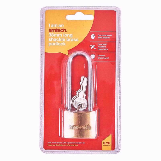Picture of AMTECH PADLOCK BRASS LONG SHACKLE 38MM